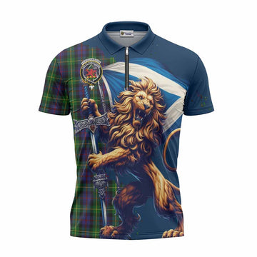Farquharson Tartan Family Crest Zipper Polo Shirt with Scottish Majestic Lion Unisex - Tartan Vibes Clothing