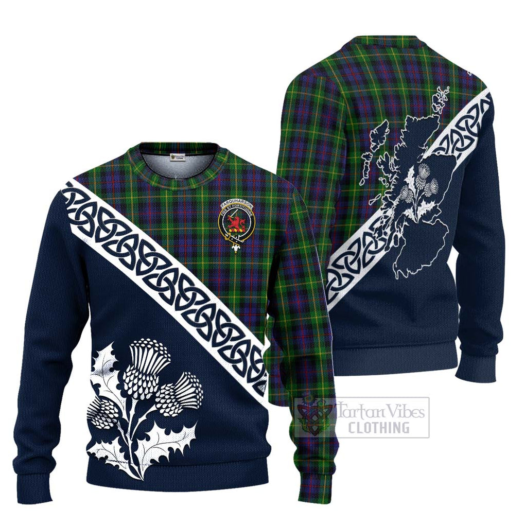 Tartan Vibes Clothing Farquharson Tartan Knitted Sweater Featuring Thistle and Scotland Map