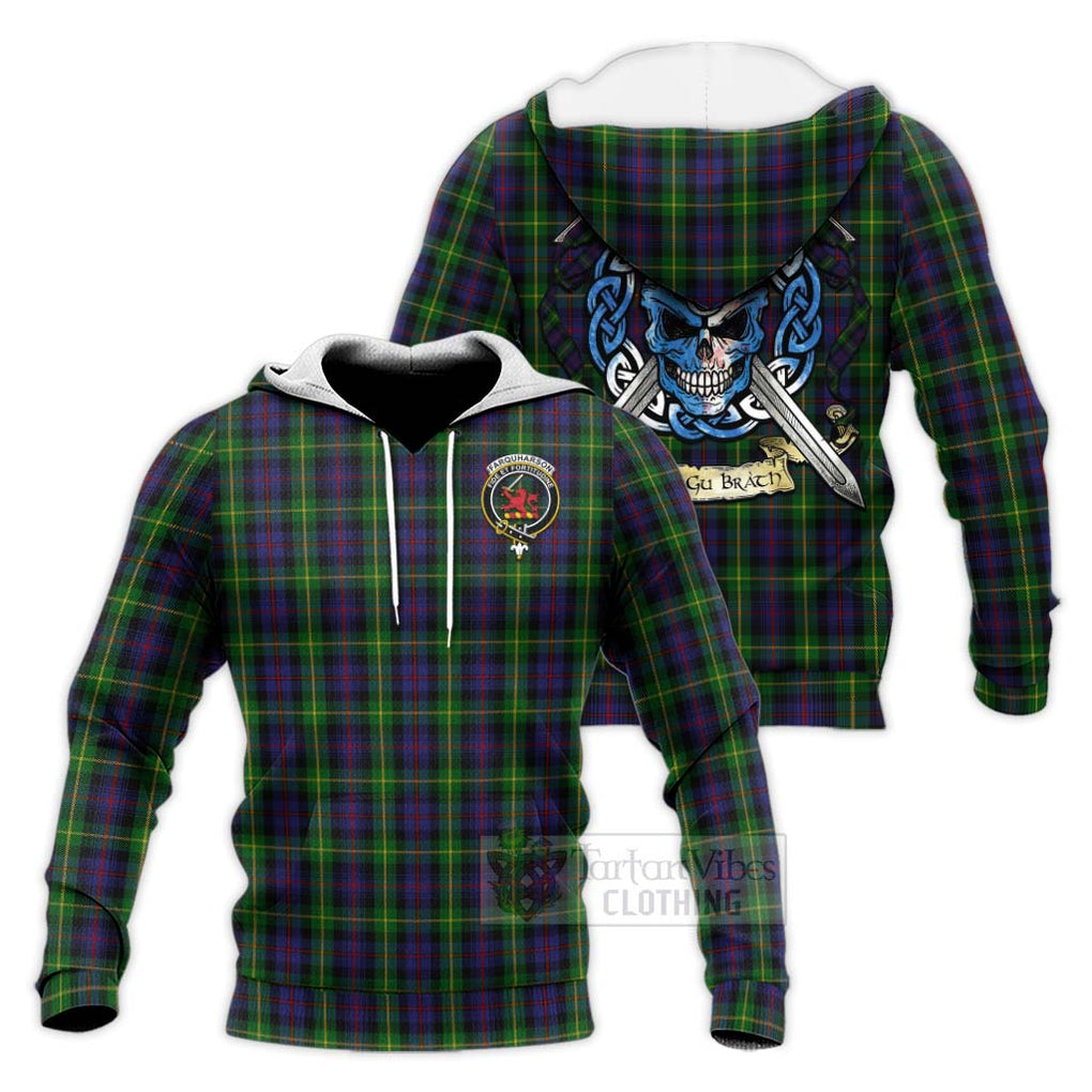 Tartan Vibes Clothing Farquharson Tartan Knitted Hoodie with Family Crest Celtic Skull Style