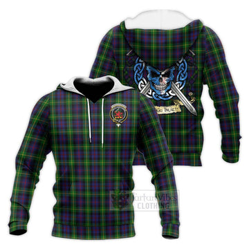 Farquharson Tartan Knitted Hoodie with Family Crest Celtic Skull Style