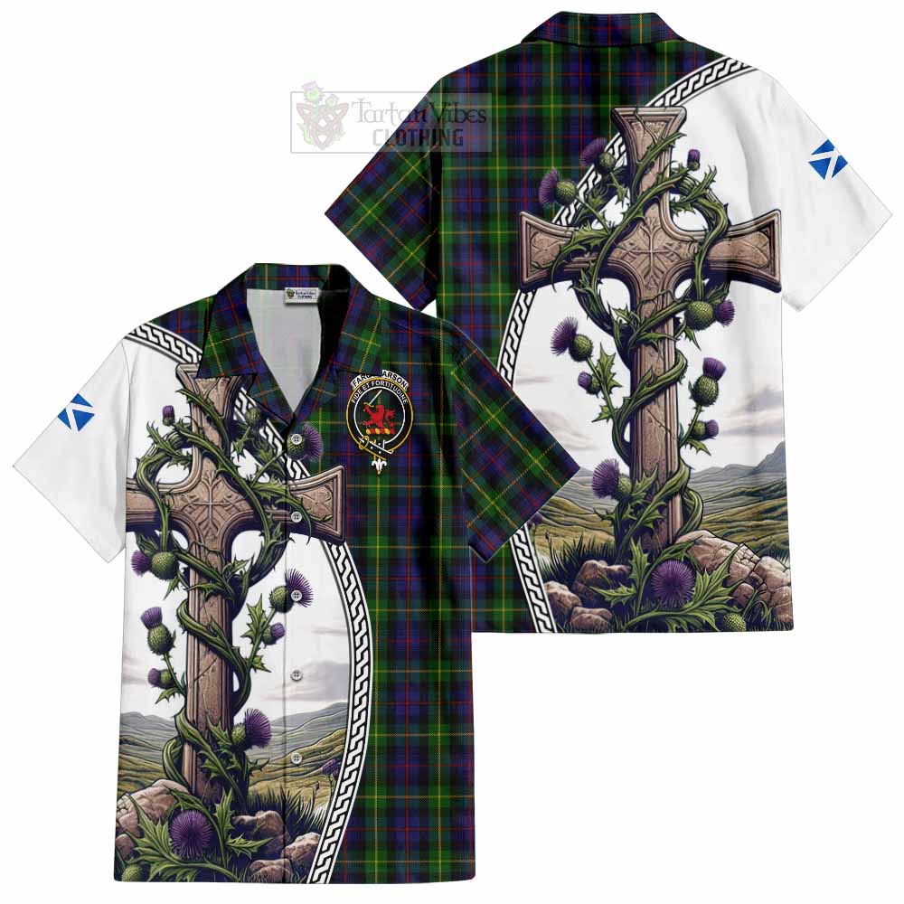 Tartan Vibes Clothing Farquharson Tartan Short Sleeve Button Shirt with Family Crest and St. Andrew's Cross Accented by Thistle Vines