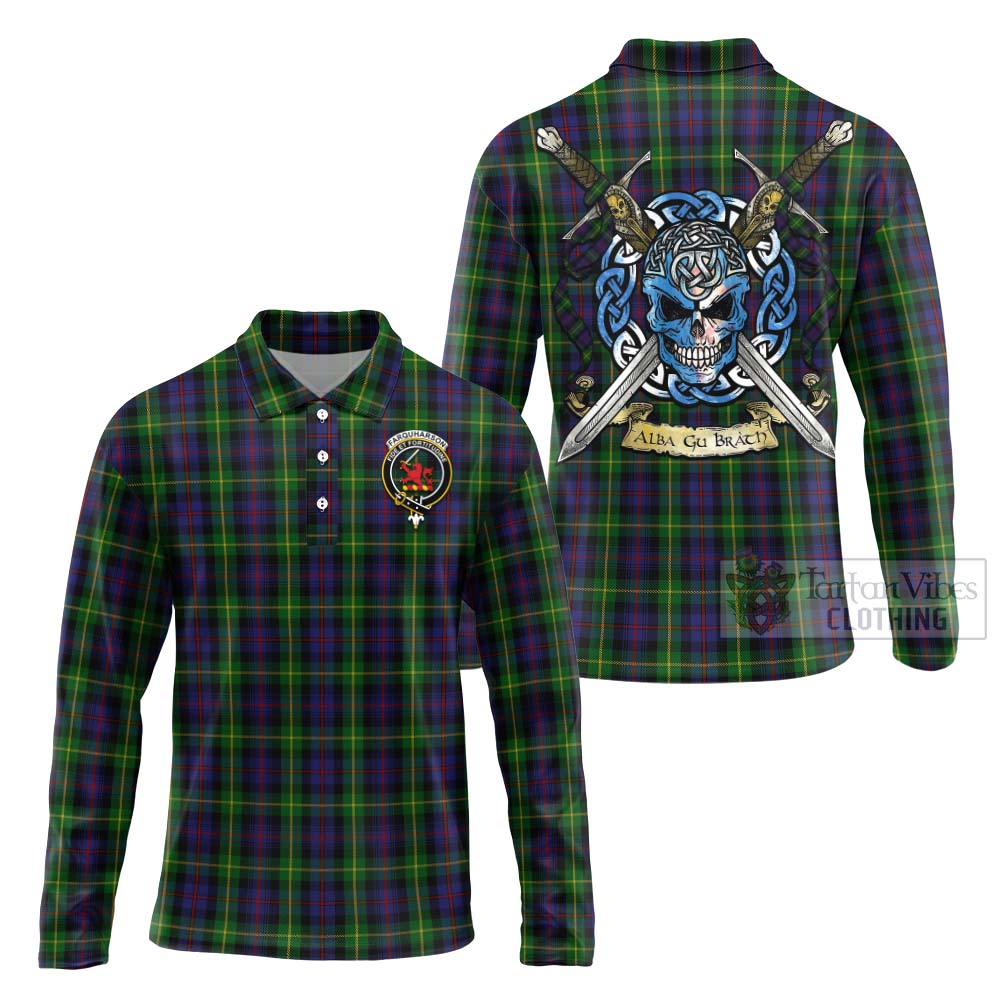 Tartan Vibes Clothing Farquharson Tartan Long Sleeve Polo Shirt with Family Crest Celtic Skull Style