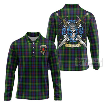 Farquharson Tartan Long Sleeve Polo Shirt with Family Crest Celtic Skull Style