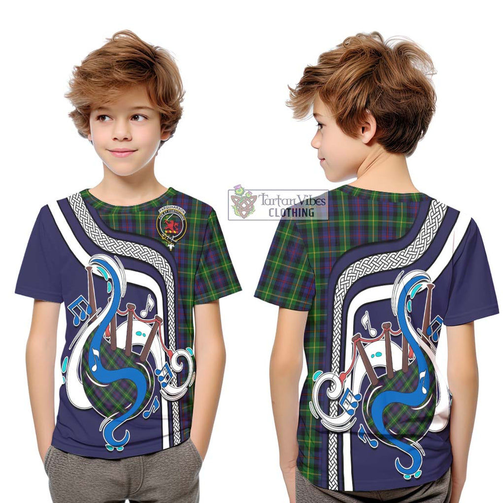 Tartan Vibes Clothing Farquharson Tartan Kid T-Shirt with Epic Bagpipe Style