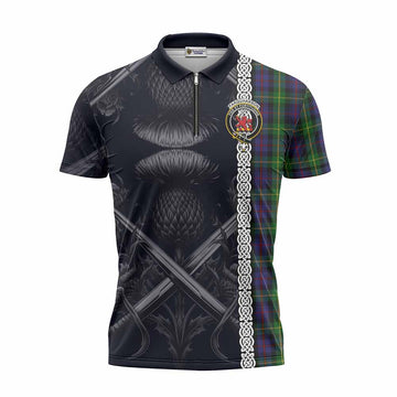 Farquharson Tartan Zipper Polo Shirt with Family Crest Cross Sword Thistle Celtic Vibes