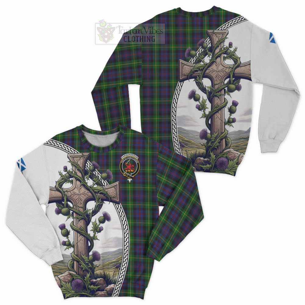 Tartan Vibes Clothing Farquharson Tartan Sweatshirt with Family Crest and St. Andrew's Cross Accented by Thistle Vines