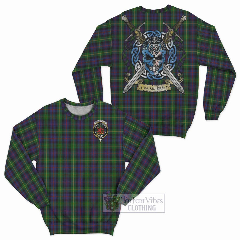 Tartan Vibes Clothing Farquharson Tartan Sweatshirt with Family Crest Celtic Skull Style