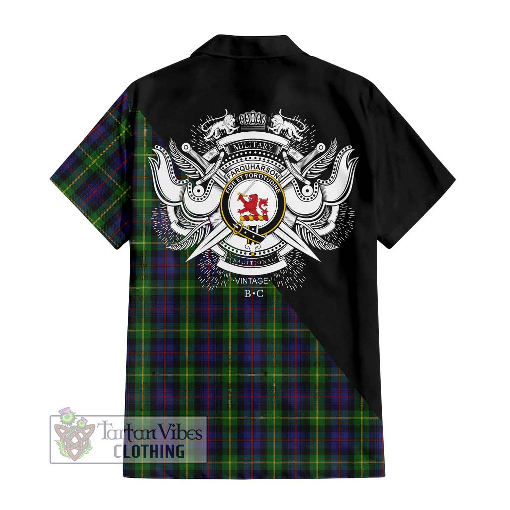 Farquharson Tartan Short Sleeve Button Shirt with Family Crest and Military Logo Style - Tartanvibesclothing Shop