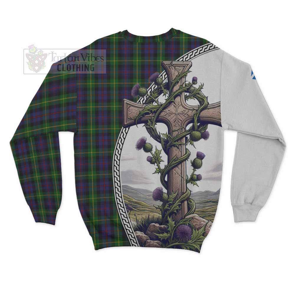 Tartan Vibes Clothing Farquharson Tartan Sweatshirt with Family Crest and St. Andrew's Cross Accented by Thistle Vines