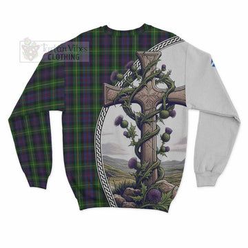 Farquharson Tartan Sweatshirt with Family Crest and St. Andrew's Cross Accented by Thistle Vines