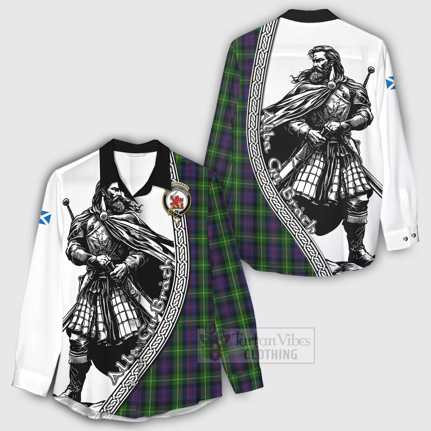 Tartan Vibes Clothing Farquharson Tartan Clan Crest Women's Casual Shirt with Highlander Warrior Celtic Style