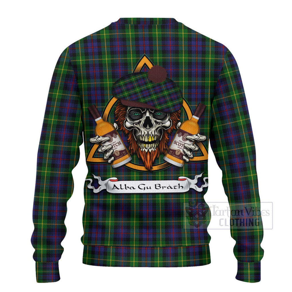 Tartan Vibes Clothing Farquharson Tartan Knitted Sweater with Family Crest and Bearded Skull Holding Bottles of Whiskey