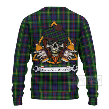 Farquharson Tartan Ugly Sweater with Family Crest and Bearded Skull Holding Bottles of Whiskey