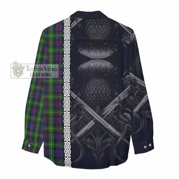 Farquharson Tartan Women's Casual Shirt with Family Crest Cross Sword Thistle Celtic Vibes