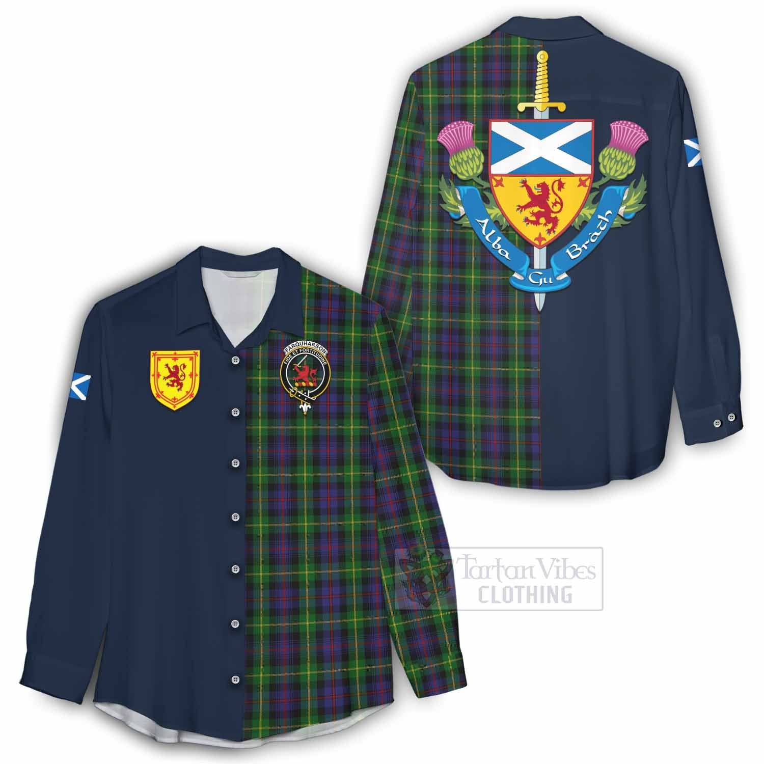 Tartan Vibes Clothing Farquharson Tartan Women's Casual Shirt Alba with Scottish Lion Royal Arm Half Style