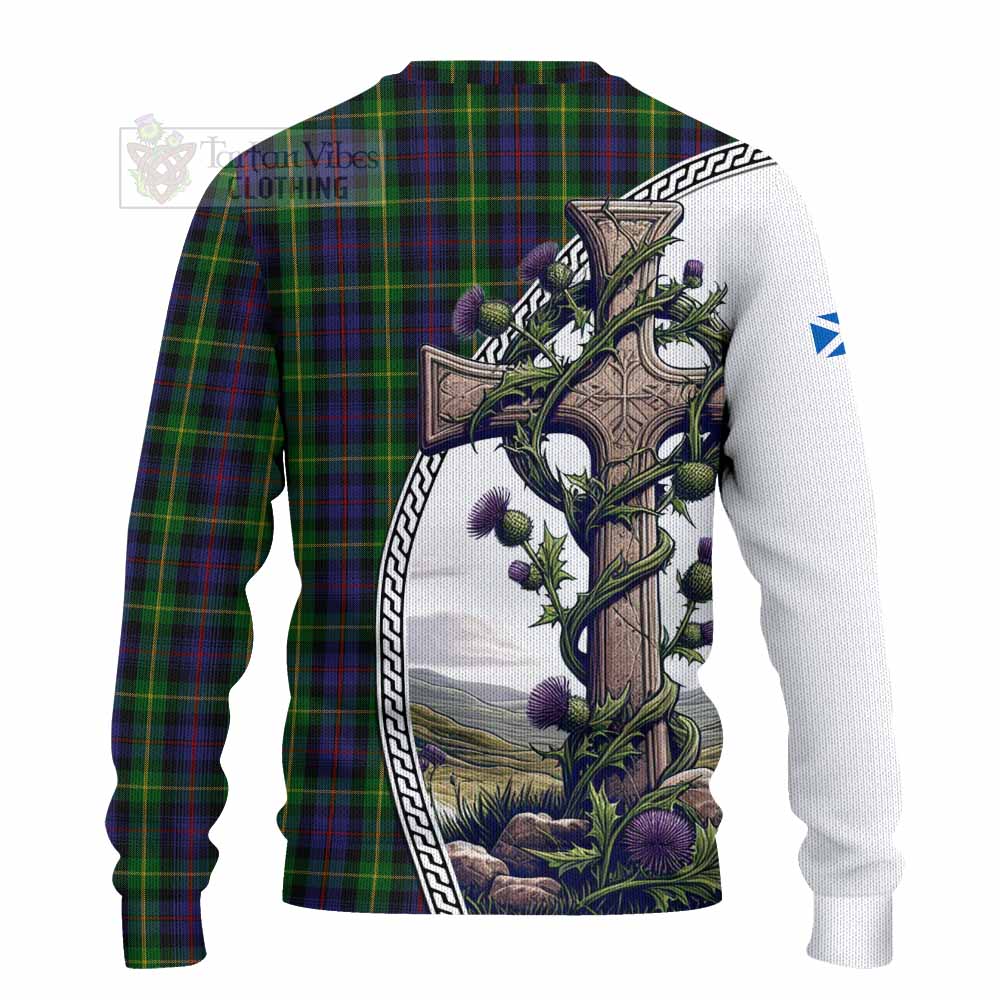Farquharson Tartan Knitted Sweater with Family Crest and St. Andrew's Cross Accented by Thistle Vines - Tartan Vibes Clothing
