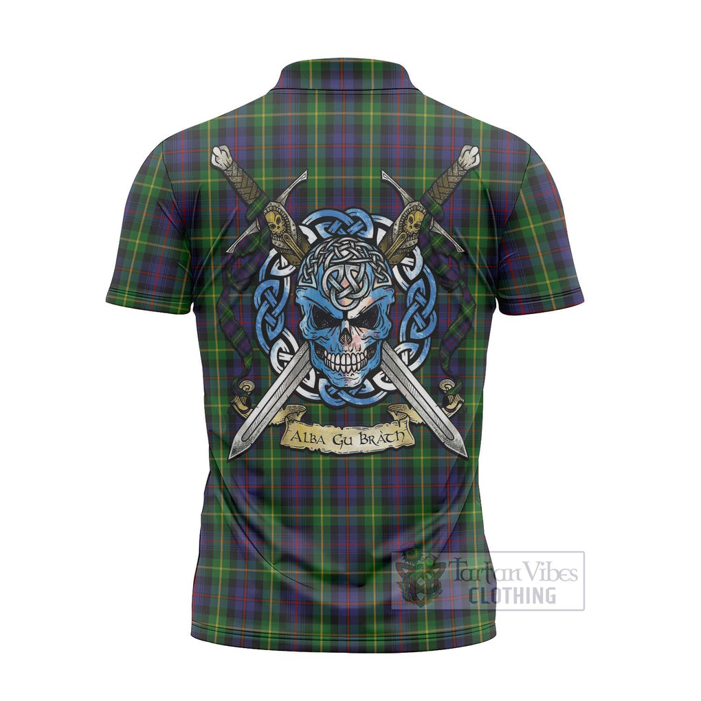 Tartan Vibes Clothing Farquharson Tartan Zipper Polo Shirt with Family Crest Celtic Skull Style