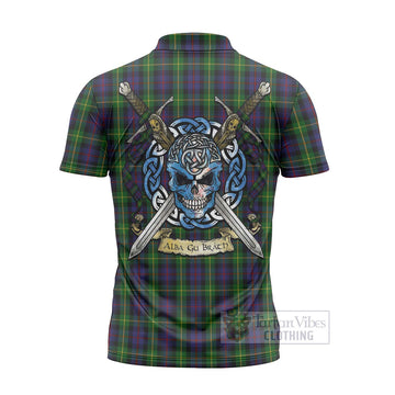 Farquharson Tartan Zipper Polo Shirt with Family Crest Celtic Skull Style