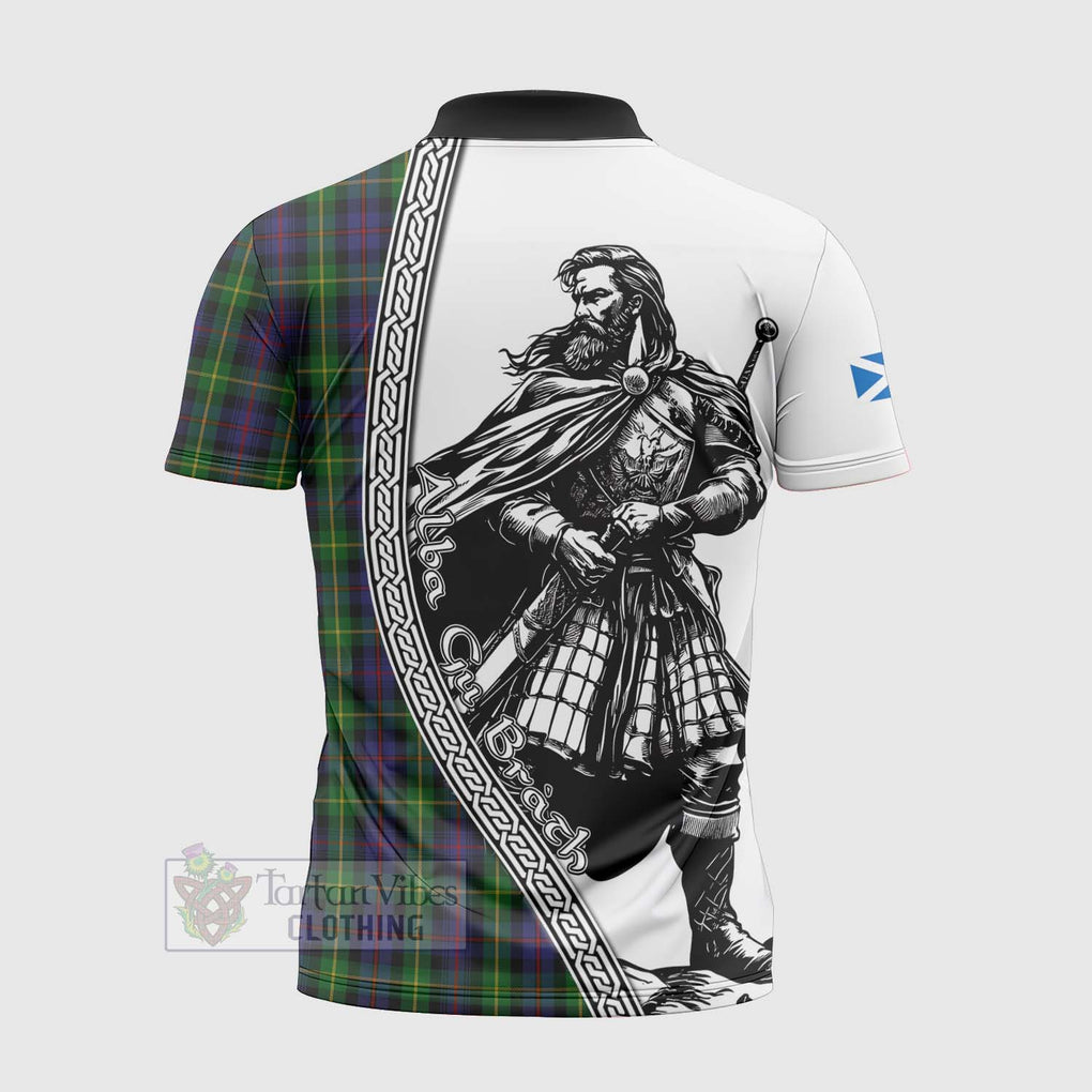 Tartan Vibes Clothing Farquharson Tartan Clan Crest Zipper Polo Shirt with Highlander Warrior Celtic Style