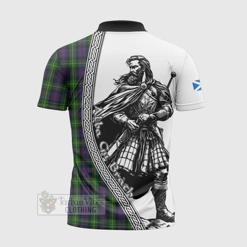 Farquharson Tartan Clan Crest Zipper Polo Shirt with Highlander Warrior Celtic Style