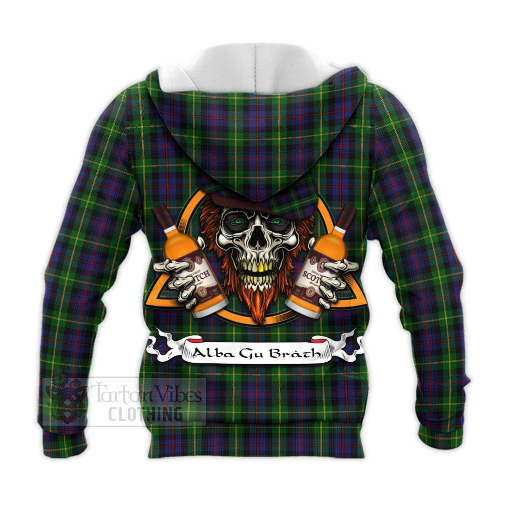 Tartan Vibes Clothing Farquharson Tartan Knitted Hoodie with Family Crest and Bearded Skull Holding Bottles of Whiskey