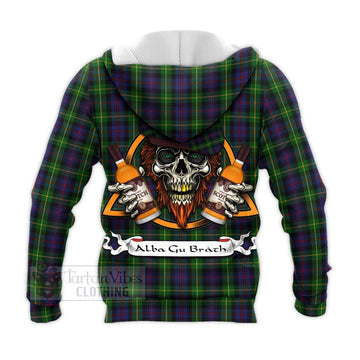 Farquharson Tartan Knitted Hoodie with Family Crest and Bearded Skull Holding Bottles of Whiskey