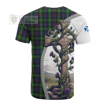 Farquharson Tartan Cotton T-shirt with Family Crest and St. Andrew's Cross Accented by Thistle Vines