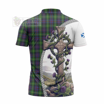 Farquharson Tartan Zipper Polo Shirt with Family Crest and St. Andrew's Cross Accented by Thistle Vines