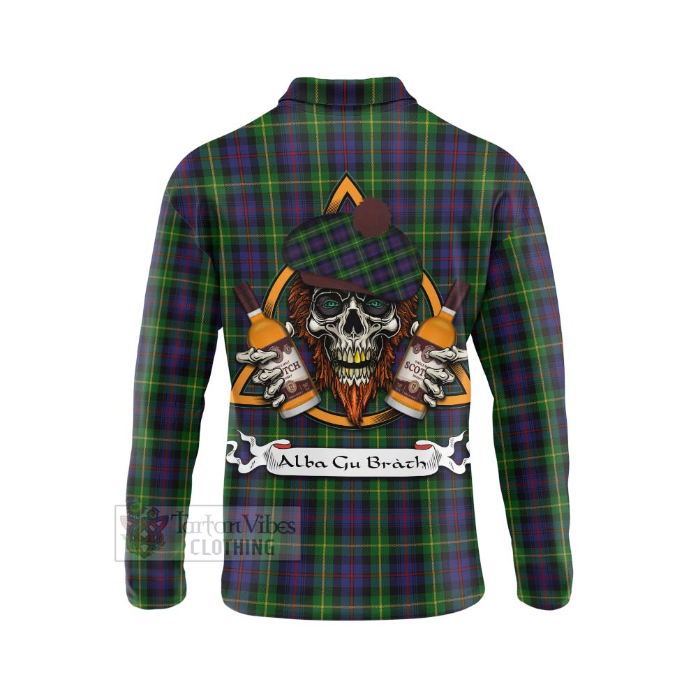 Tartan Vibes Clothing Farquharson Tartan Long Sleeve Polo Shirt with Family Crest and Bearded Skull Holding Bottles of Whiskey