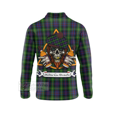 Farquharson Tartan Long Sleeve Polo Shirt with Family Crest and Bearded Skull Holding Bottles of Whiskey