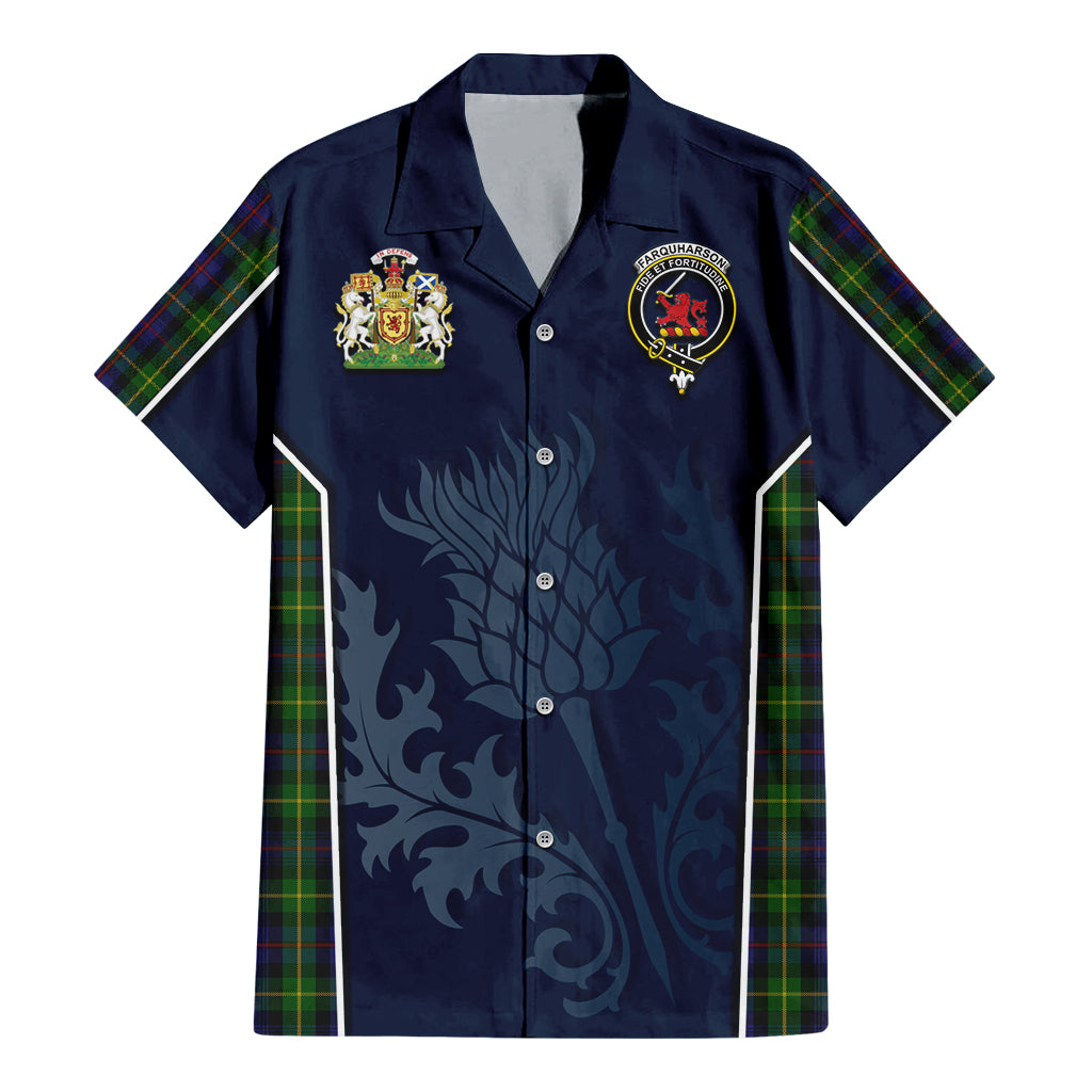 Tartan Vibes Clothing Farquharson Tartan Short Sleeve Button Up Shirt with Family Crest and Scottish Thistle Vibes Sport Style