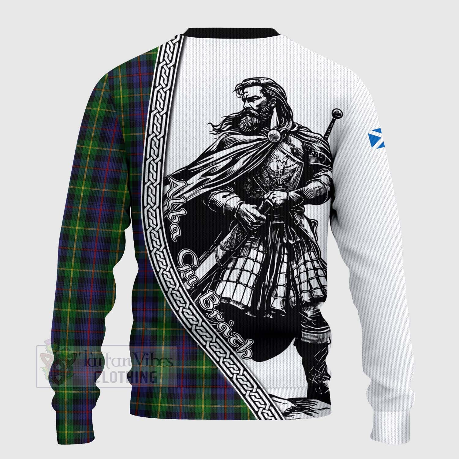 Tartan Vibes Clothing Farquharson Tartan Clan Crest Knitted Sweater with Highlander Warrior Celtic Style