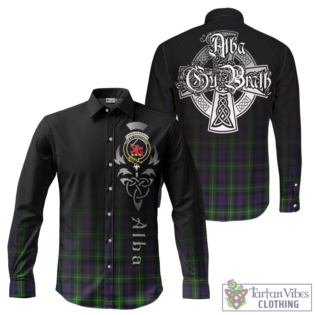 Tartan Vibes Clothing Farquharson Tartan Long Sleeve Button Up Featuring Alba Gu Brath Family Crest Celtic Inspired