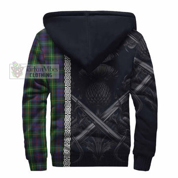 Farquharson Tartan Sherpa Hoodie with Family Crest Cross Sword Thistle Celtic Vibes