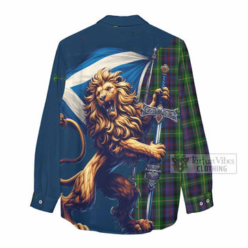 Farquharson Tartan Family Crest Women's Casual Shirt with Scottish Majestic Lion - Tartan Vibes Clothing