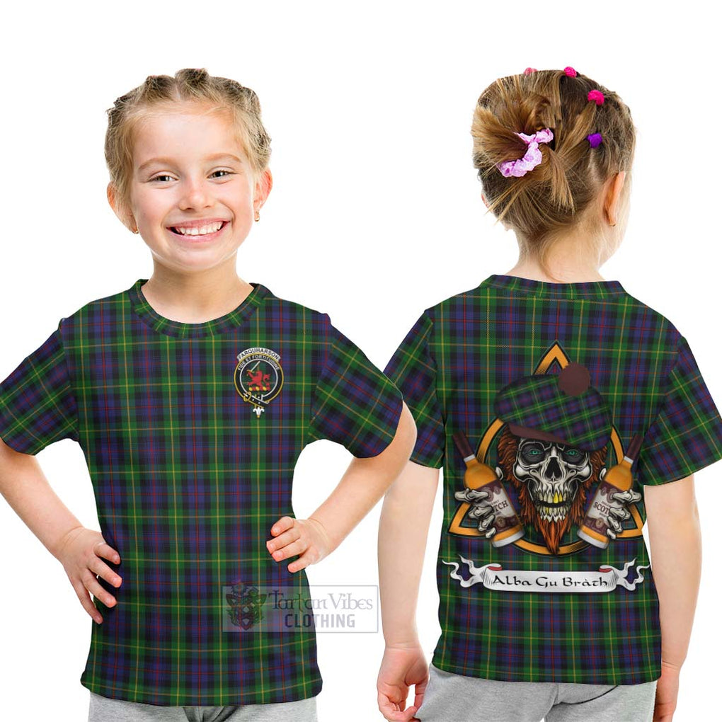 Tartan Vibes Clothing Farquharson Tartan Kid T-Shirt with Family Crest and Bearded Skull Holding Bottles of Whiskey