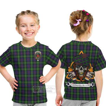 Farquharson Tartan Kid T-Shirt with Family Crest and Bearded Skull Holding Bottles of Whiskey