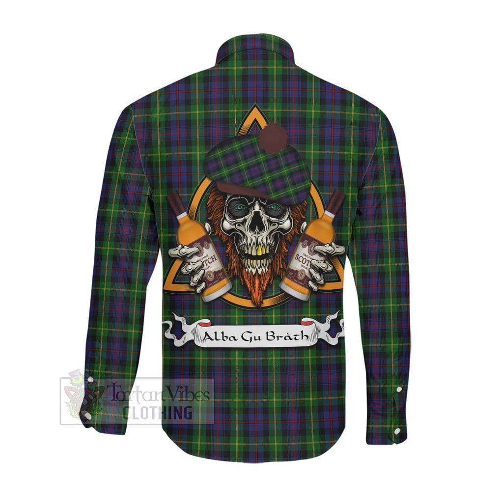 Tartan Vibes Clothing Farquharson Tartan Long Sleeve Button Shirt with Family Crest and Bearded Skull Holding Bottles of Whiskey