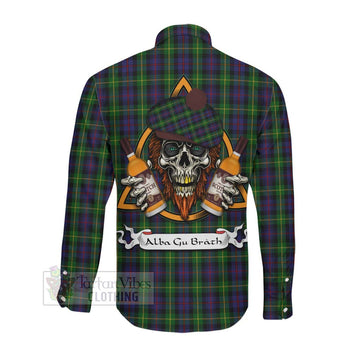 Farquharson Tartan Long Sleeve Button Shirt with Family Crest and Bearded Skull Holding Bottles of Whiskey