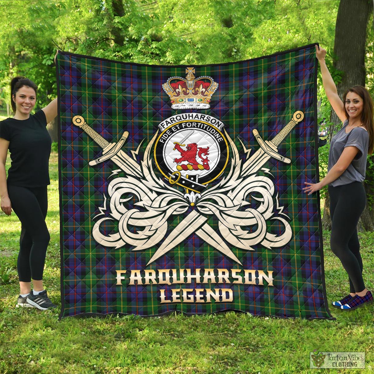 Tartan Vibes Clothing Farquharson Tartan Quilt with Clan Crest and the Golden Sword of Courageous Legacy