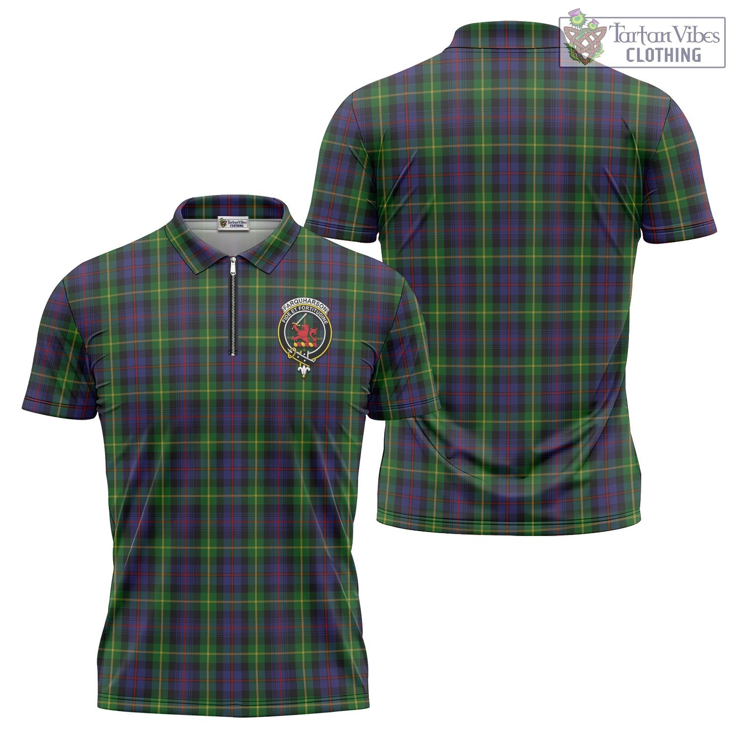 Tartan Vibes Clothing Farquharson Tartan Zipper Polo Shirt with Family Crest