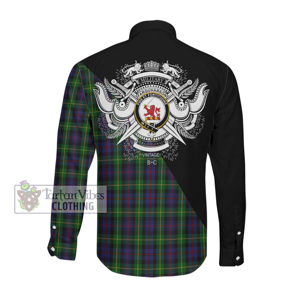 Farquharson Tartan Long Sleeve Button Shirt with Family Crest and Military Logo Style Men's Shirt - Tartanvibesclothing Shop