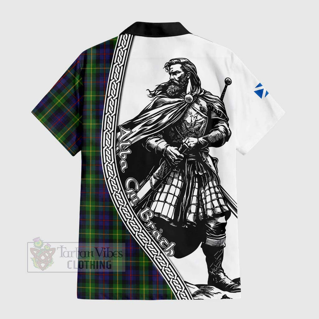 Tartan Vibes Clothing Farquharson Tartan Clan Crest Short Sleeve Button Shirt with Highlander Warrior Celtic Style