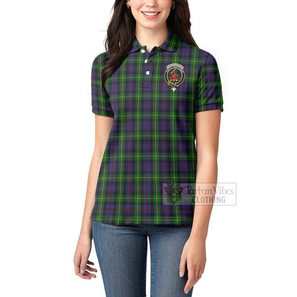 Tartan Vibes Clothing Farquharson Tartan Women's Polo Shirt with Family Crest and Bearded Skull Holding Bottles of Whiskey