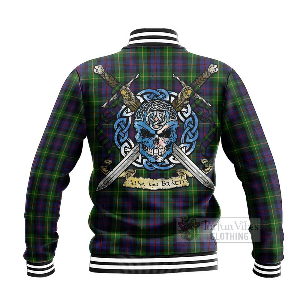 Tartan Vibes Clothing Farquharson Tartan Baseball Jacket with Family Crest Celtic Skull Style