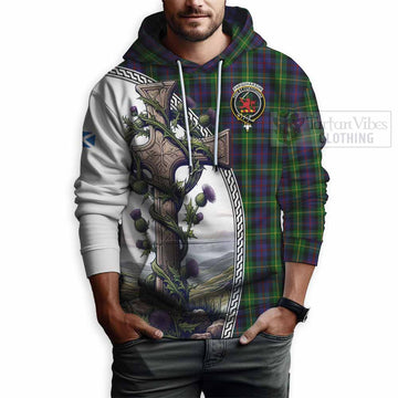 Farquharson Tartan Hoodie with Family Crest and St. Andrew's Cross Accented by Thistle Vines