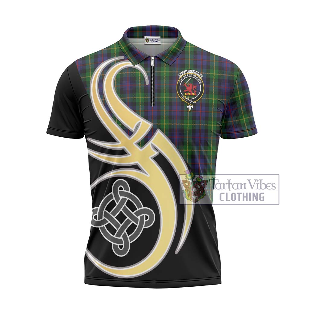 Tartan Vibes Clothing Farquharson Tartan Zipper Polo Shirt with Family Crest and Celtic Symbol Style