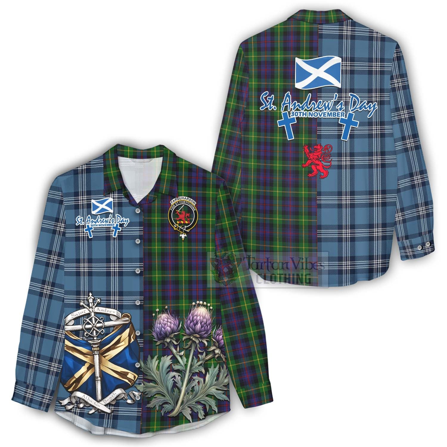 Tartan Vibes Clothing Farquharson Tartan Women's Casual Shirt Happy St. Andrew's Day Half Tartan Style