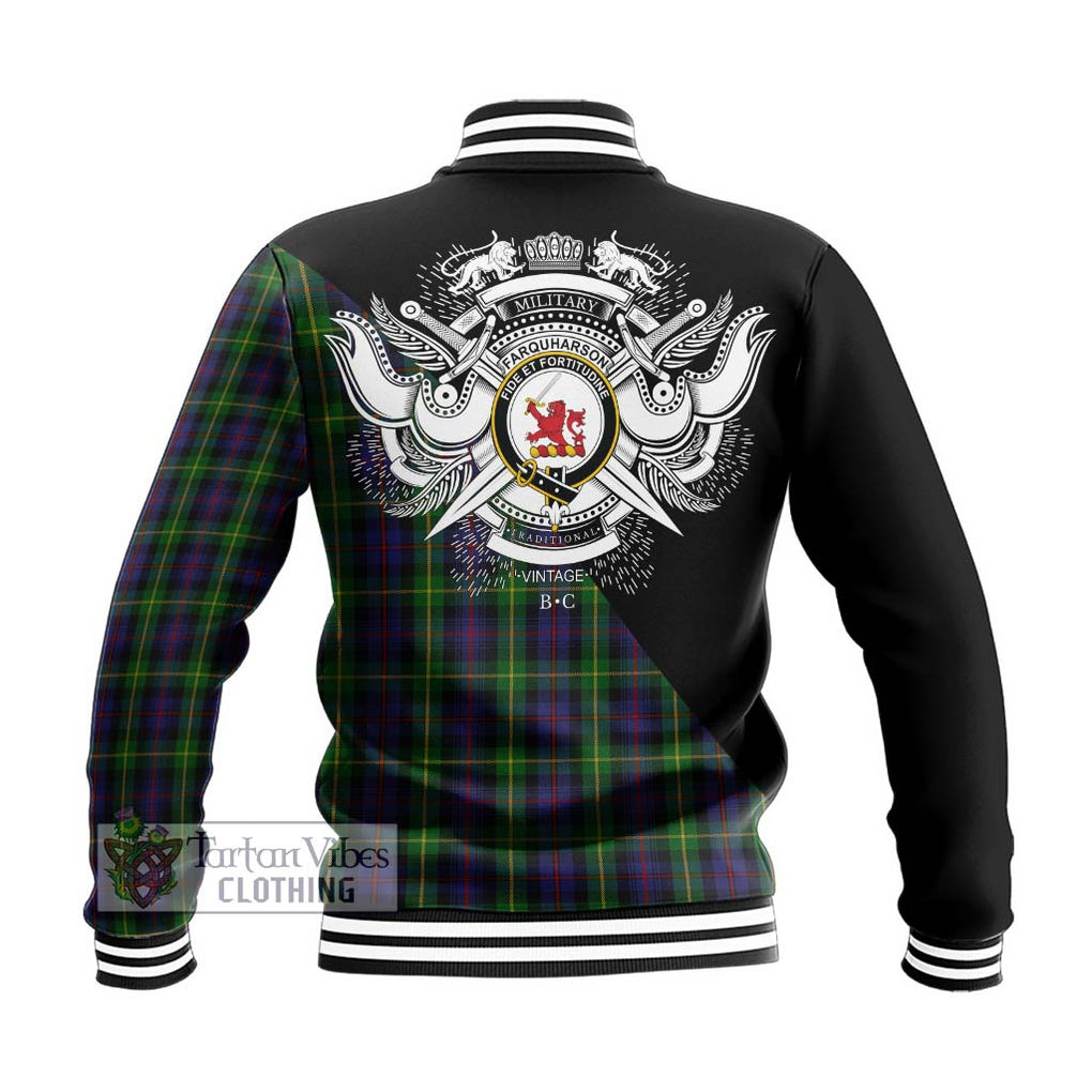 Farquharson Tartan Baseball Jacket with Family Crest and Military Logo Style - Tartanvibesclothing Shop