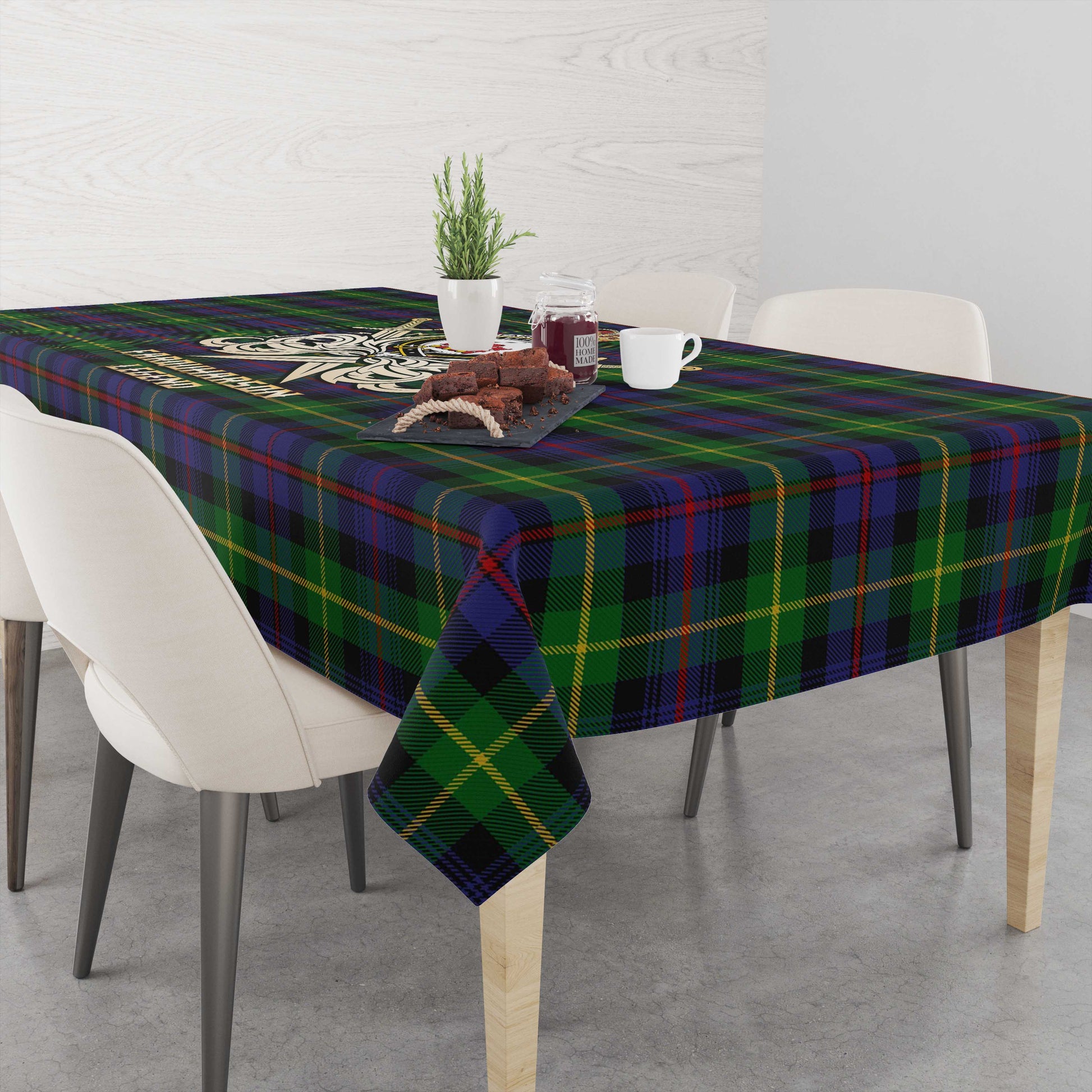 Tartan Vibes Clothing Farquharson Tartan Tablecloth with Clan Crest and the Golden Sword of Courageous Legacy